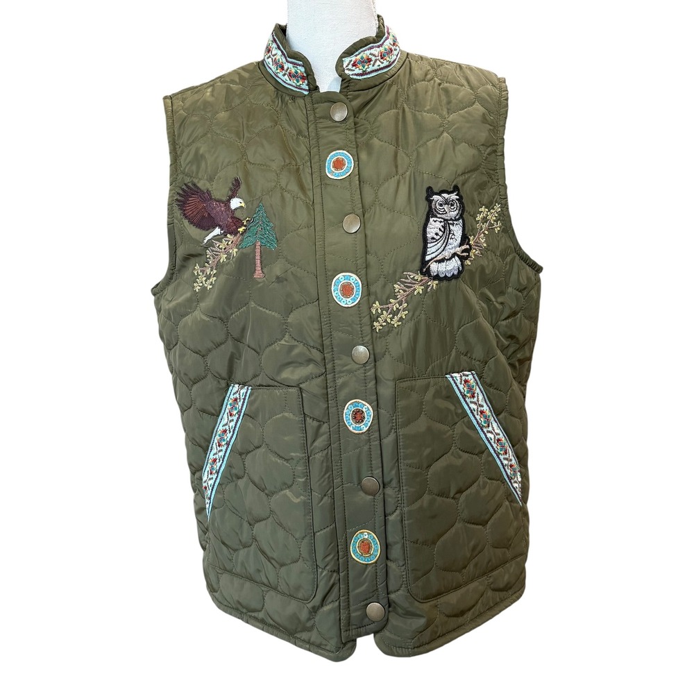 Lesal Up Cycled Treasures Eagle Owl Beaded Bee‎ Quilted Vest Olive Green Medium - Picture 2 of 7